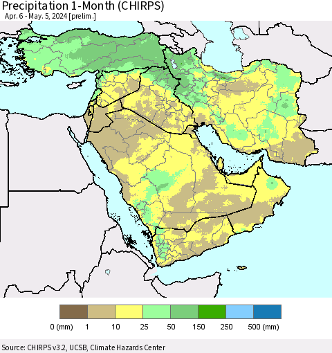 Middle East and Turkey Precipitation 1-Month (CHIRPS) Thematic Map For 4/6/2024 - 5/5/2024
