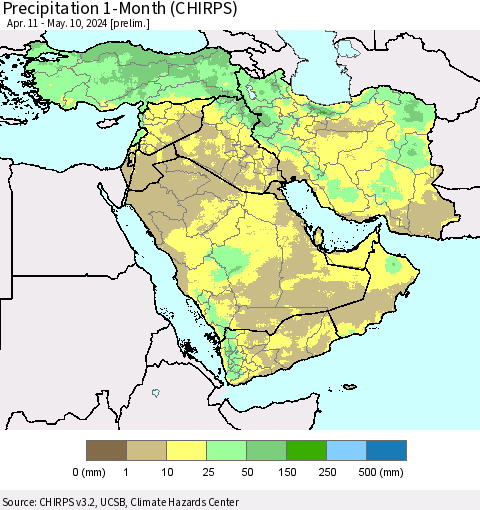 Middle East and Turkey Precipitation 1-Month (CHIRPS) Thematic Map For 4/11/2024 - 5/10/2024