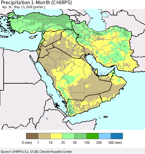 Middle East and Turkey Precipitation 1-Month (CHIRPS) Thematic Map For 4/16/2024 - 5/15/2024