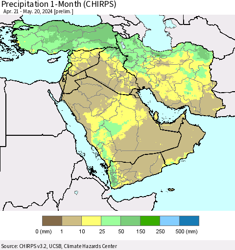Middle East and Turkey Precipitation 1-Month (CHIRPS) Thematic Map For 4/21/2024 - 5/20/2024