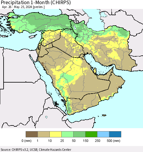 Middle East and Turkey Precipitation 1-Month (CHIRPS) Thematic Map For 4/26/2024 - 5/25/2024