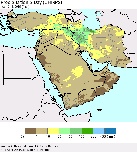 Middle East and Turkey Precipitation 5-Day (CHIRPS) Thematic Map For 4/1/2019 - 4/5/2019