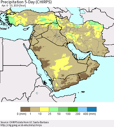 Middle East and Turkey Precipitation 5-Day (CHIRPS) Thematic Map For 4/6/2019 - 4/10/2019