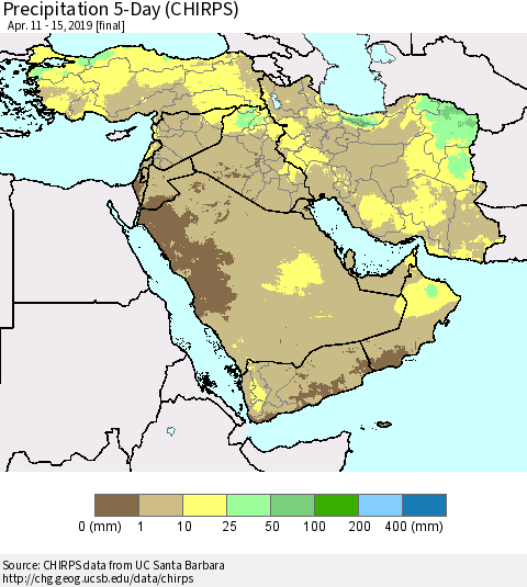 Middle East and Turkey Precipitation 5-Day (CHIRPS) Thematic Map For 4/11/2019 - 4/15/2019