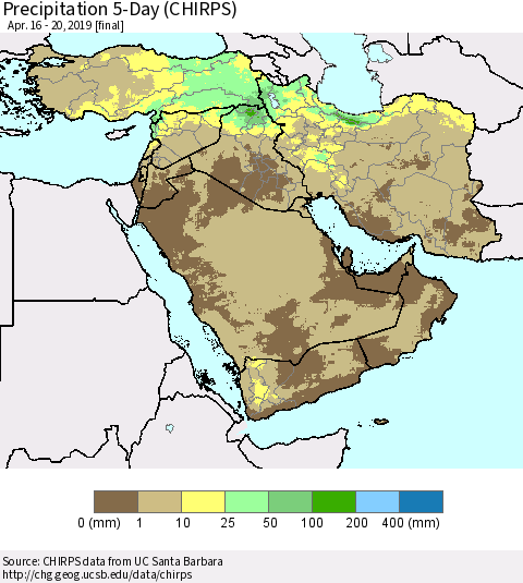 Middle East and Turkey Precipitation 5-Day (CHIRPS) Thematic Map For 4/16/2019 - 4/20/2019