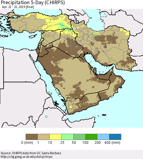 Middle East and Turkey Precipitation 5-Day (CHIRPS) Thematic Map For 4/21/2019 - 4/25/2019