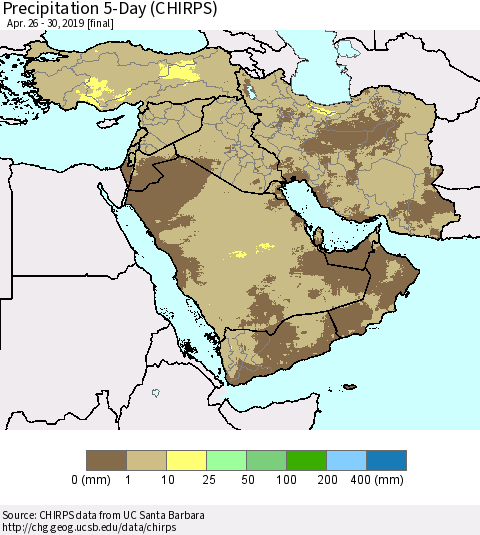 Middle East and Turkey Precipitation 5-Day (CHIRPS) Thematic Map For 4/26/2019 - 4/30/2019