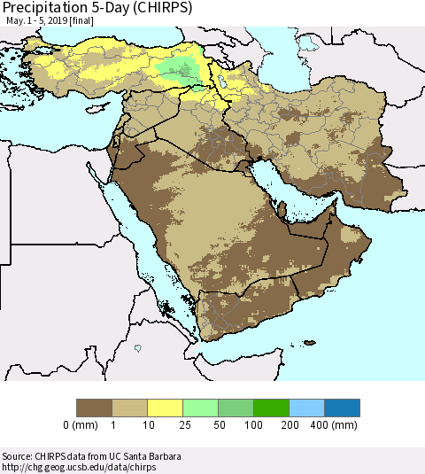 Middle East and Turkey Precipitation 5-Day (CHIRPS) Thematic Map For 5/1/2019 - 5/5/2019
