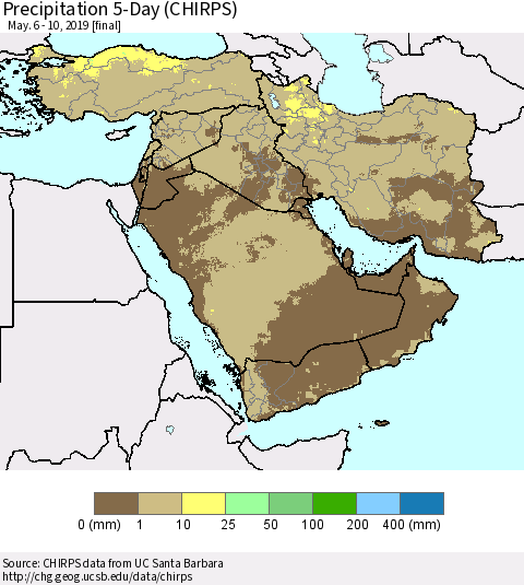 Middle East and Turkey Precipitation 5-Day (CHIRPS) Thematic Map For 5/6/2019 - 5/10/2019