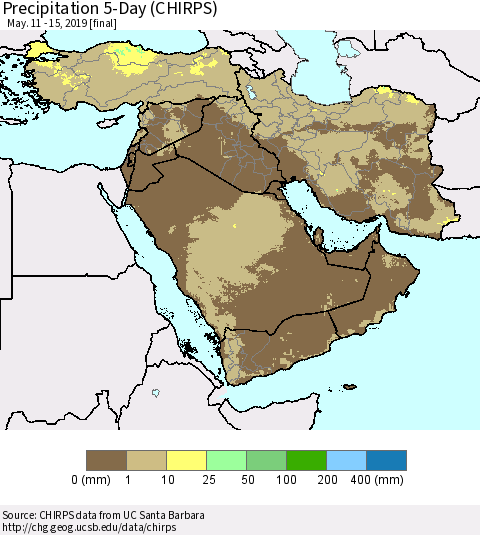 Middle East and Turkey Precipitation 5-Day (CHIRPS) Thematic Map For 5/11/2019 - 5/15/2019