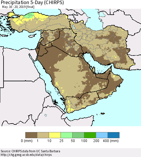 Middle East and Turkey Precipitation 5-Day (CHIRPS) Thematic Map For 5/16/2019 - 5/20/2019
