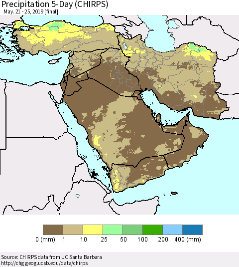 Middle East and Turkey Precipitation 5-Day (CHIRPS) Thematic Map For 5/21/2019 - 5/25/2019