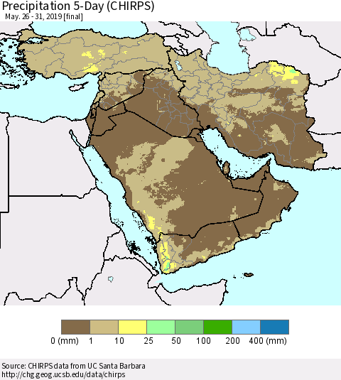 Middle East and Turkey Precipitation 5-Day (CHIRPS) Thematic Map For 5/26/2019 - 5/31/2019