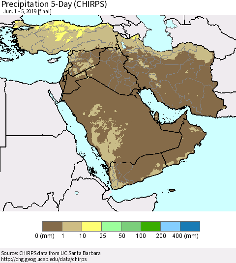 Middle East and Turkey Precipitation 5-Day (CHIRPS) Thematic Map For 6/1/2019 - 6/5/2019