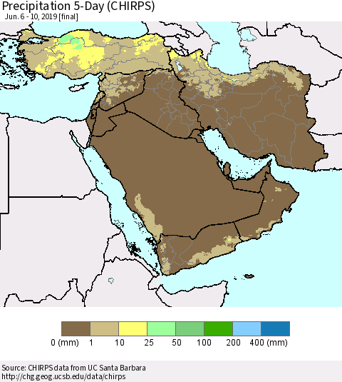 Middle East and Turkey Precipitation 5-Day (CHIRPS) Thematic Map For 6/6/2019 - 6/10/2019