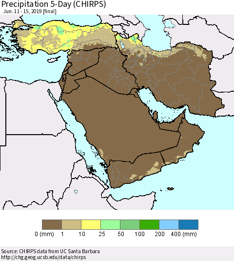Middle East and Turkey Precipitation 5-Day (CHIRPS) Thematic Map For 6/11/2019 - 6/15/2019
