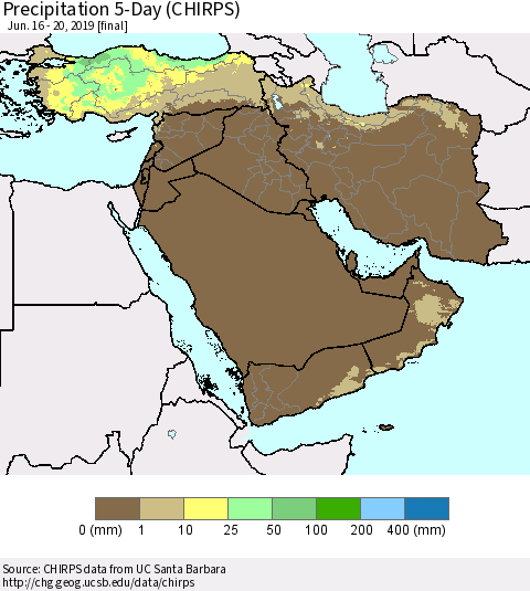 Middle East and Turkey Precipitation 5-Day (CHIRPS) Thematic Map For 6/16/2019 - 6/20/2019