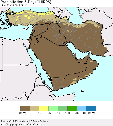 Middle East and Turkey Precipitation 5-Day (CHIRPS) Thematic Map For 6/21/2019 - 6/25/2019