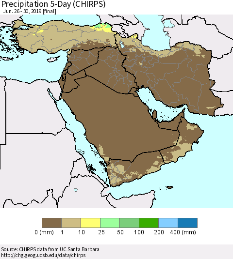 Middle East and Turkey Precipitation 5-Day (CHIRPS) Thematic Map For 6/26/2019 - 6/30/2019