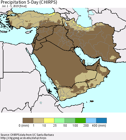 Middle East and Turkey Precipitation 5-Day (CHIRPS) Thematic Map For 7/1/2019 - 7/5/2019