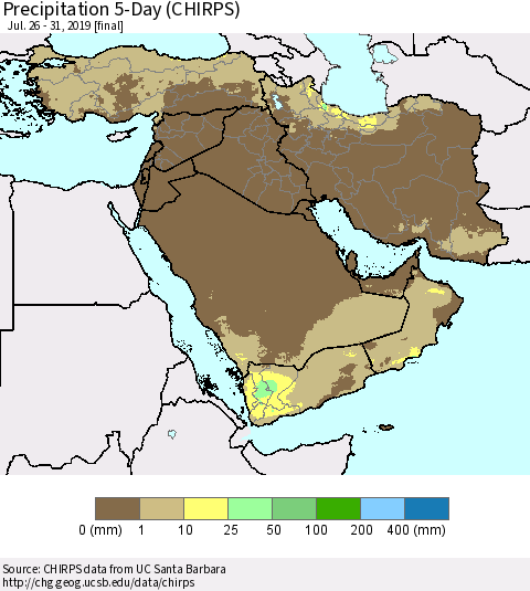 Middle East and Turkey Precipitation 5-Day (CHIRPS) Thematic Map For 7/26/2019 - 7/31/2019