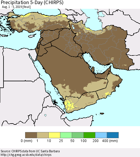 Middle East and Turkey Precipitation 5-Day (CHIRPS) Thematic Map For 8/1/2019 - 8/5/2019