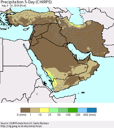 Middle East and Turkey Precipitation 5-Day (CHIRPS) Thematic Map For 8/6/2019 - 8/10/2019