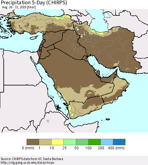 Middle East and Turkey Precipitation 5-Day (CHIRPS) Thematic Map For 8/26/2019 - 8/31/2019