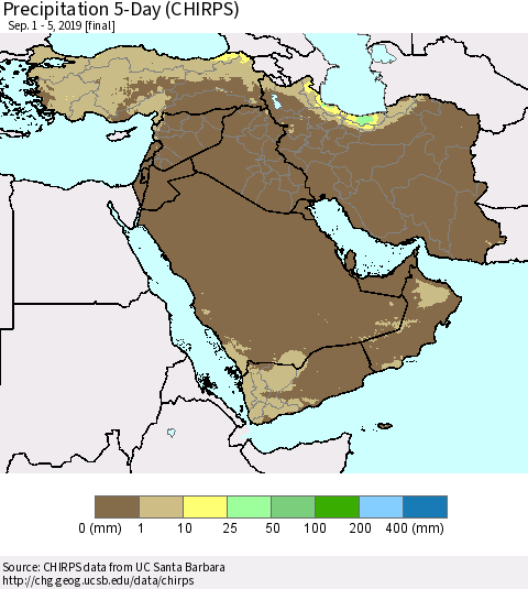 Middle East and Turkey Precipitation 5-Day (CHIRPS) Thematic Map For 9/1/2019 - 9/5/2019
