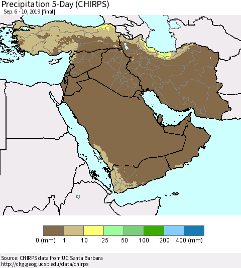 Middle East and Turkey Precipitation 5-Day (CHIRPS) Thematic Map For 9/6/2019 - 9/10/2019