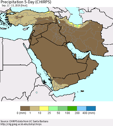 Middle East and Turkey Precipitation 5-Day (CHIRPS) Thematic Map For 9/11/2019 - 9/15/2019