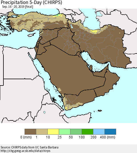 Middle East and Turkey Precipitation 5-Day (CHIRPS) Thematic Map For 9/16/2019 - 9/20/2019