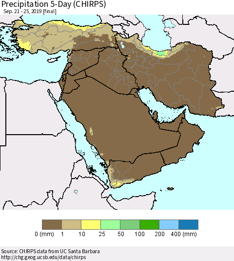 Middle East and Turkey Precipitation 5-Day (CHIRPS) Thematic Map For 9/21/2019 - 9/25/2019