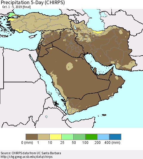 Middle East and Turkey Precipitation 5-Day (CHIRPS) Thematic Map For 10/1/2019 - 10/5/2019