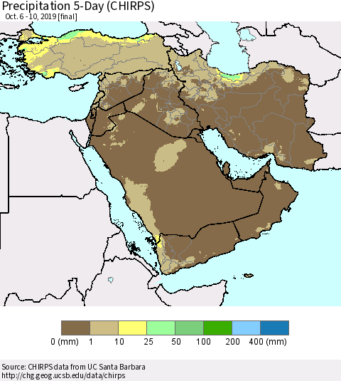 Middle East and Turkey Precipitation 5-Day (CHIRPS) Thematic Map For 10/6/2019 - 10/10/2019