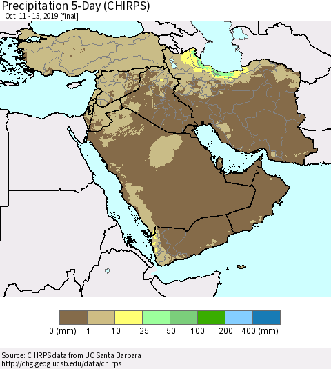 Middle East and Turkey Precipitation 5-Day (CHIRPS) Thematic Map For 10/11/2019 - 10/15/2019