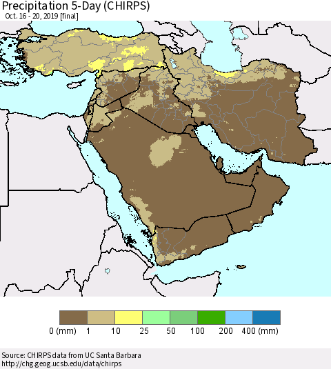Middle East and Turkey Precipitation 5-Day (CHIRPS) Thematic Map For 10/16/2019 - 10/20/2019