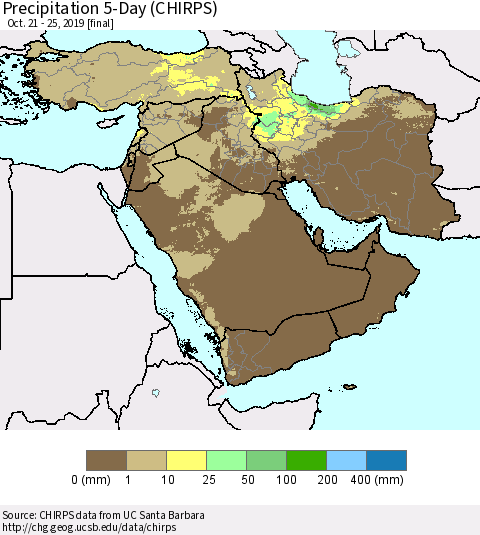 Middle East and Turkey Precipitation 5-Day (CHIRPS) Thematic Map For 10/21/2019 - 10/25/2019