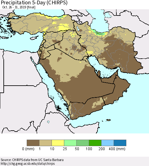 Middle East and Turkey Precipitation 5-Day (CHIRPS) Thematic Map For 10/26/2019 - 10/31/2019