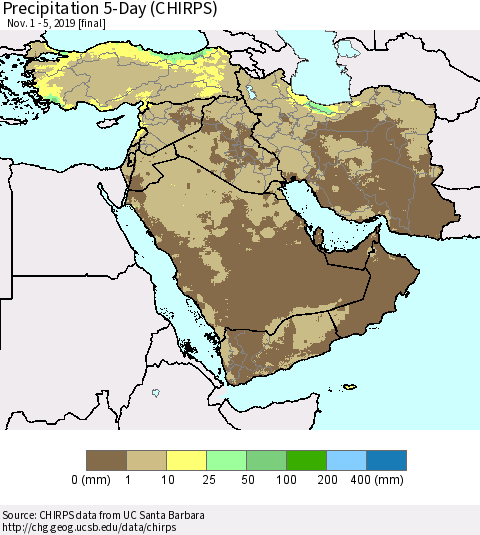 Middle East and Turkey Precipitation 5-Day (CHIRPS) Thematic Map For 11/1/2019 - 11/5/2019