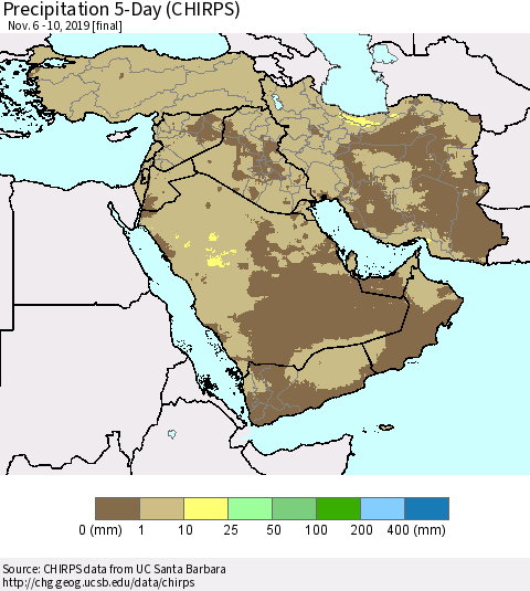 Middle East and Turkey Precipitation 5-Day (CHIRPS) Thematic Map For 11/6/2019 - 11/10/2019