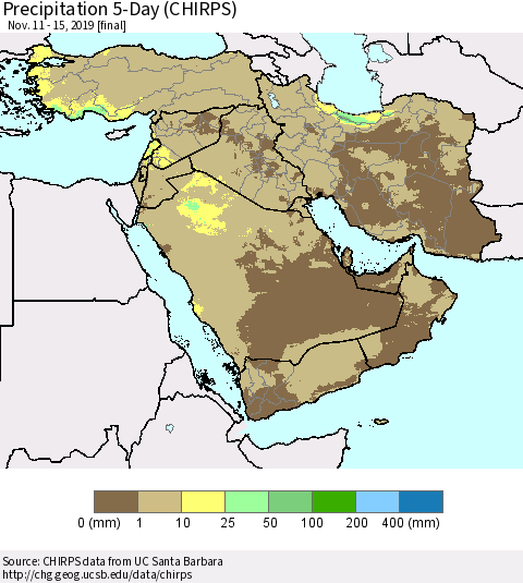 Middle East and Turkey Precipitation 5-Day (CHIRPS) Thematic Map For 11/11/2019 - 11/15/2019