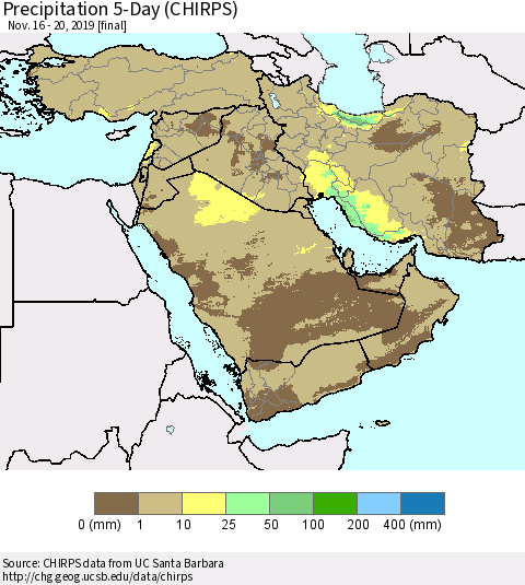 Middle East and Turkey Precipitation 5-Day (CHIRPS) Thematic Map For 11/16/2019 - 11/20/2019