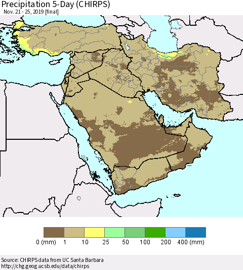 Middle East and Turkey Precipitation 5-Day (CHIRPS) Thematic Map For 11/21/2019 - 11/25/2019