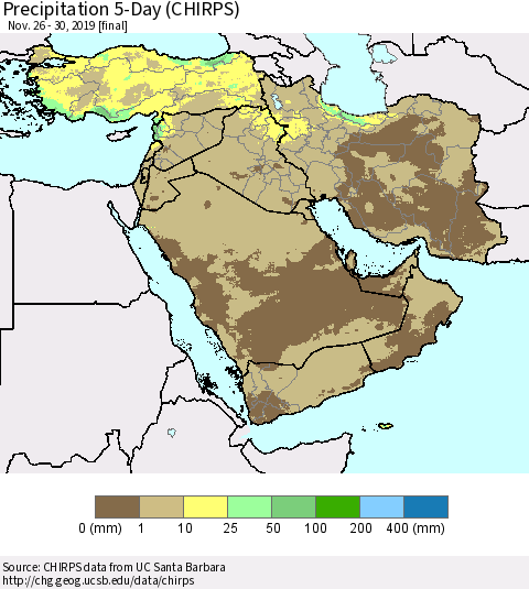 Middle East and Turkey Precipitation 5-Day (CHIRPS) Thematic Map For 11/26/2019 - 11/30/2019