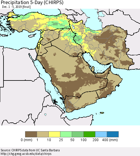 Middle East and Turkey Precipitation 5-Day (CHIRPS) Thematic Map For 12/1/2019 - 12/5/2019