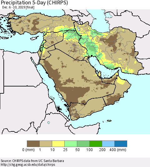 Middle East and Turkey Precipitation 5-Day (CHIRPS) Thematic Map For 12/6/2019 - 12/10/2019