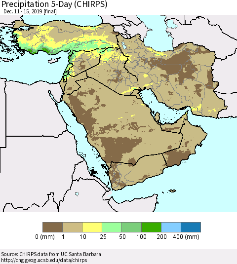 Middle East and Turkey Precipitation 5-Day (CHIRPS) Thematic Map For 12/11/2019 - 12/15/2019