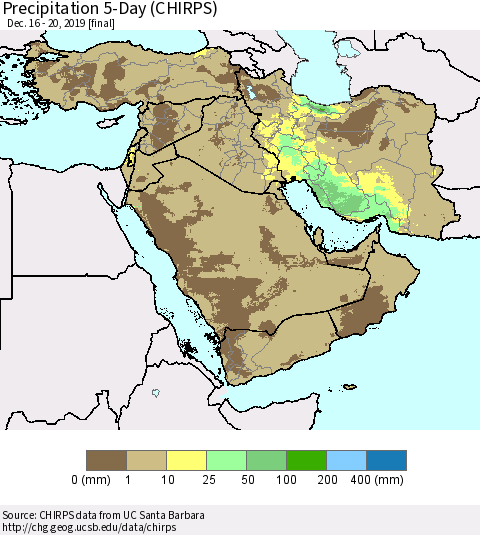 Middle East and Turkey Precipitation 5-Day (CHIRPS) Thematic Map For 12/16/2019 - 12/20/2019