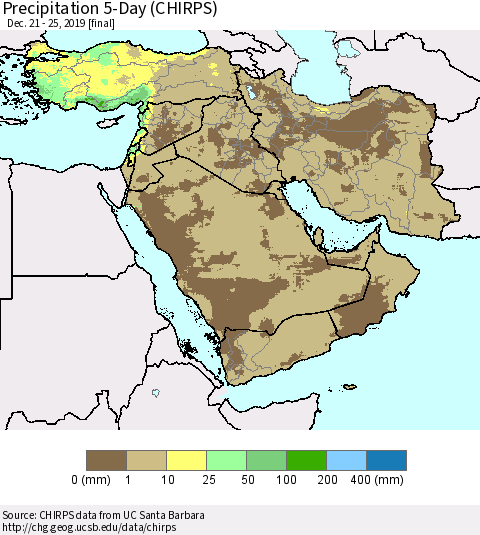 Middle East and Turkey Precipitation 5-Day (CHIRPS) Thematic Map For 12/21/2019 - 12/25/2019